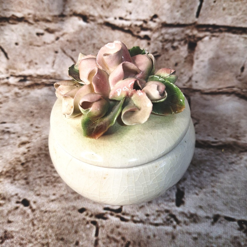 Vintage Capodimonte Style Porcelain Floral trinket jar/box signed Wilma Haley